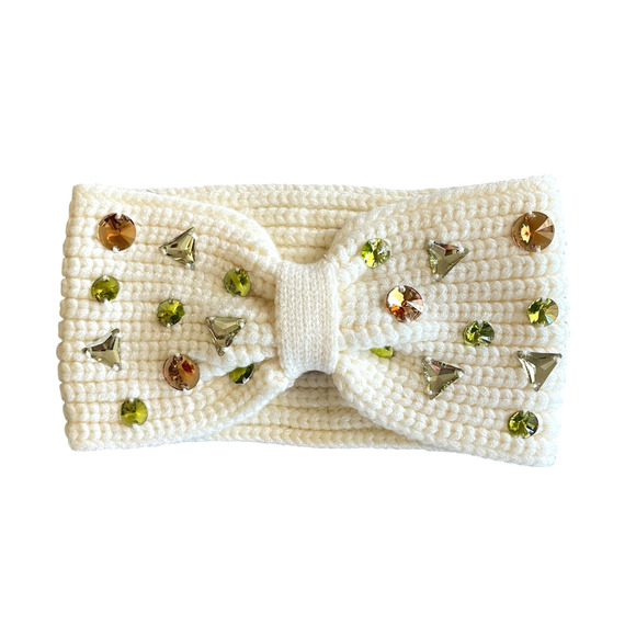 ANTHROPOLOGIE Cream Knit Crystal Embellished Autumn Weather 4" Head Warmer NEW - Picture 1 of 6